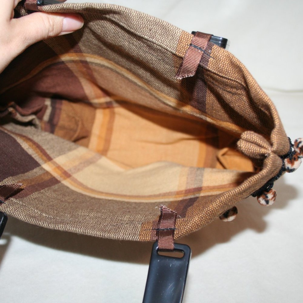 NWOT POM POM PURSE AUTUMN PLAID CANVAS TOASTED BROWN SMALL TOTE BAG CARRYALL - Picture 9 of 15